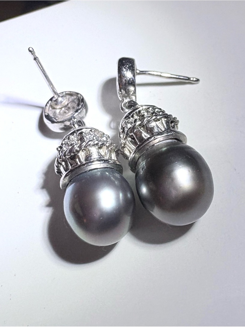 Vintage 14k White Gold Stamped Tahitian Pearl Diamond Accent Drop Earrings - Picture 5 of 5